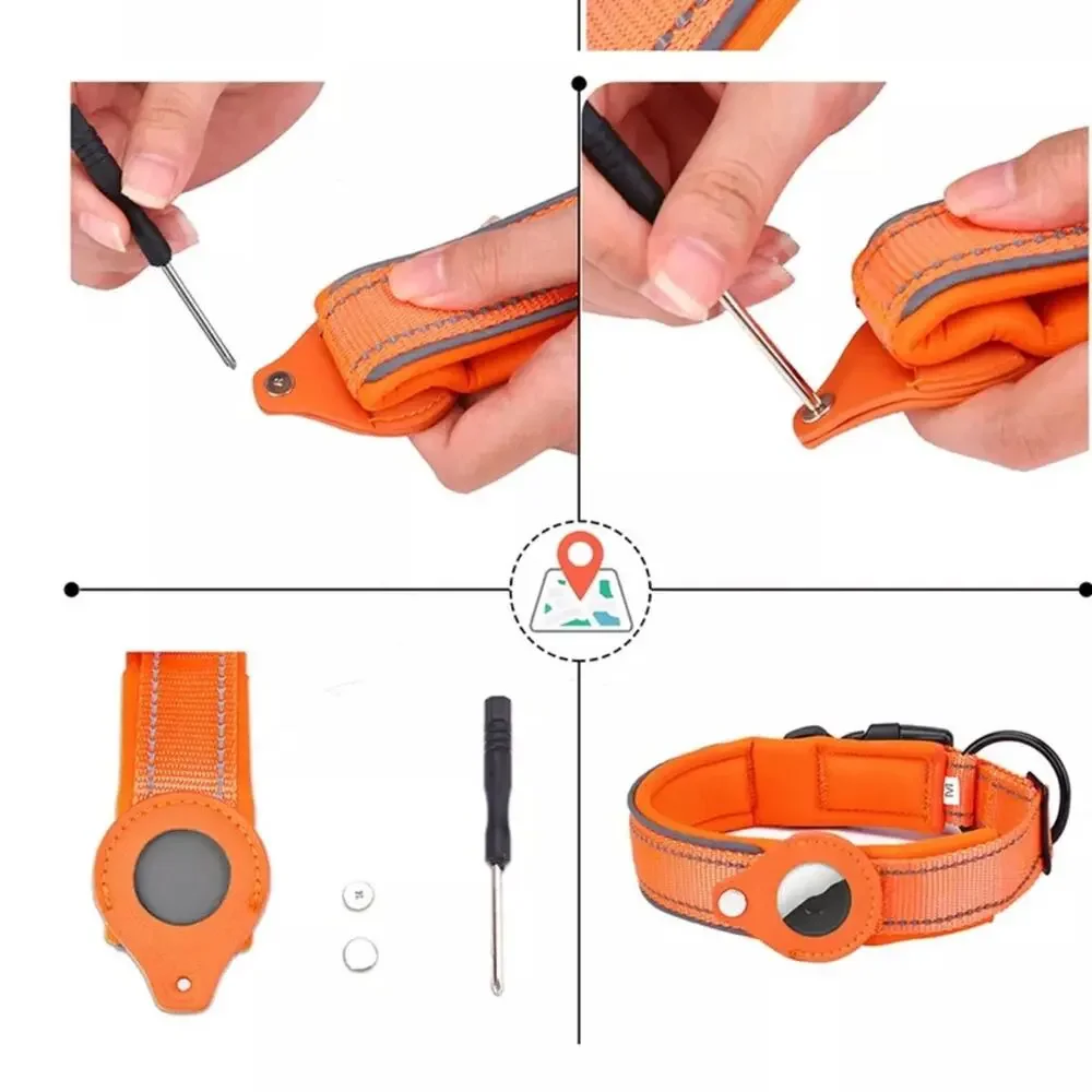 NWT dog collar orange Apple AirTag tracker reflective padded nylon large B182